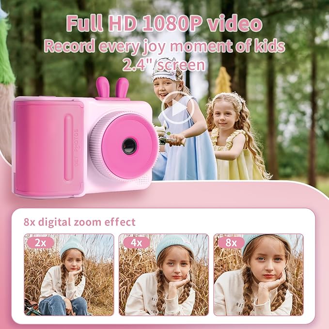 Kids Camera Instant Print for Boys and Girls Age 3-12, 1080P Kid Digital Camera with Print Paper Cameras for Kids Christmas Birthday Gifts Toy for Child 3 4 5 6 7 8 9 10 (Pink)