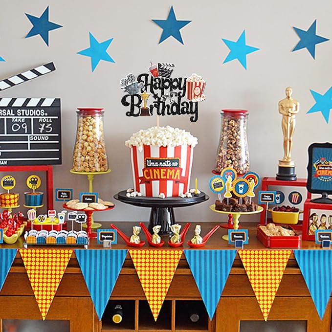 1 PCS Movie Happy Birthday Cake Topper Glitter Roll Camera Video Recorder Popcorn Movie Night Cake Pick for Hollywood Theme Family Film Baby Shower Birthday Party Cake Decorations Supplies Black