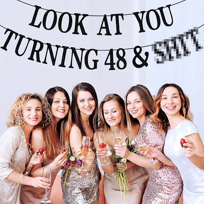 Black Glitter Look at You Turning 46 & Sh*t Banner, Happy 46th Birthday/Level 46 Unlocked/Cheers to 46 Years, Funny 46th Birthday Party Decorations Supplies