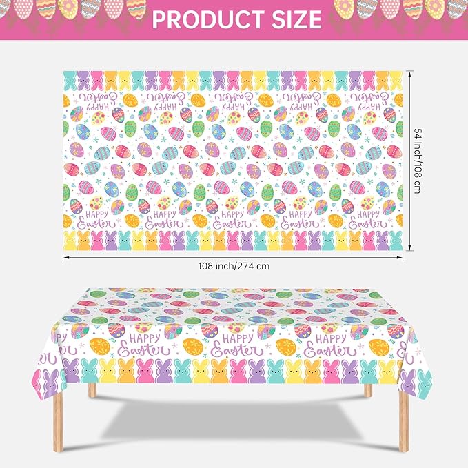 2 Pcs Happy Easter Table Cloth - Plastic Bunny Eggs Tablecloth, Disposable Rectangle Spring Floral Table Cover for Easter Home Dining Kitchen Activity Party Decorations Tables Decor, 108 x 54 Inch