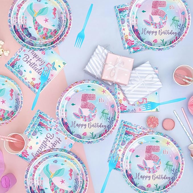 96Pcs Mermaid 5th Birthday Party Decorations Dive Into Five Party Plates and Napkins Disposable Mermaid Ocean Sea Animal Tableware Set for Girls 5 Year Old Little Mermaids Party Supplies Serves 24