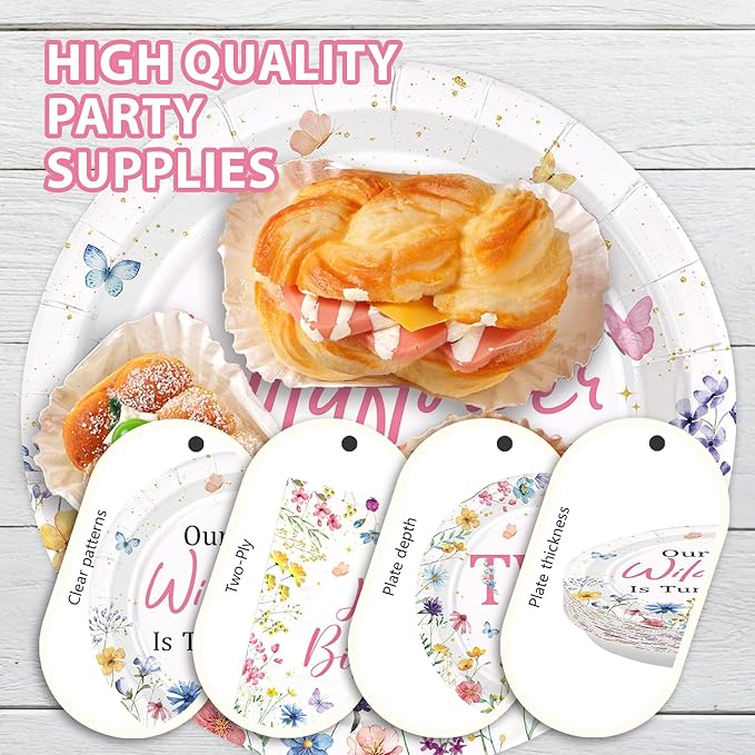 96Pcs Wildflower 2nd Birthday Decoration Our Little Wildflower Is Turning Two Plates and Napkins Spring Flowers Second Birthday Decorations for Girls Floral Two Years Old Bday Party Supplies Serves 24