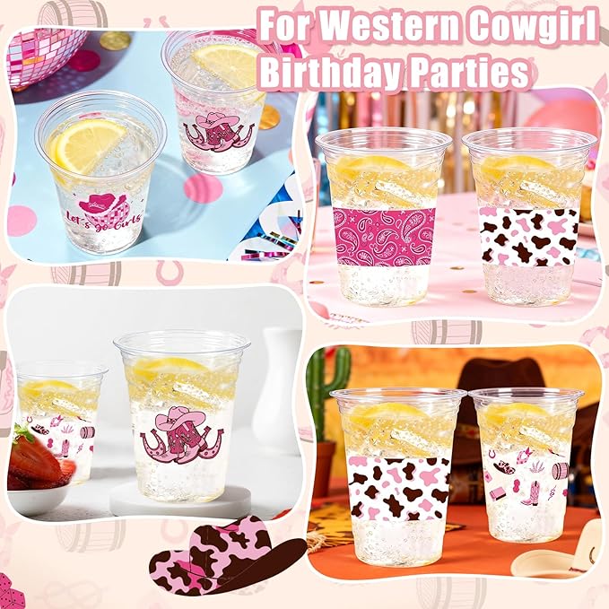 50 Pcs Western Cowgirl Plastic Cups, 12 Oz Pink Disco Cowgirl Plastic Clear Disposable Drinking Cups for Western Party Decoration Cowgirl Birthday Wedding Party Supplies