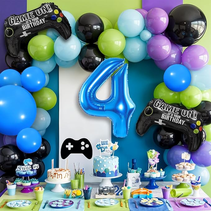 4th Birthday Video Game Balloons Arch, 4th Game Party Balloons Garland Kit 4th Game Birthday Supplies with Blue Number 4 Balloon for 4 Year Old Teens Boys Birthday Decor