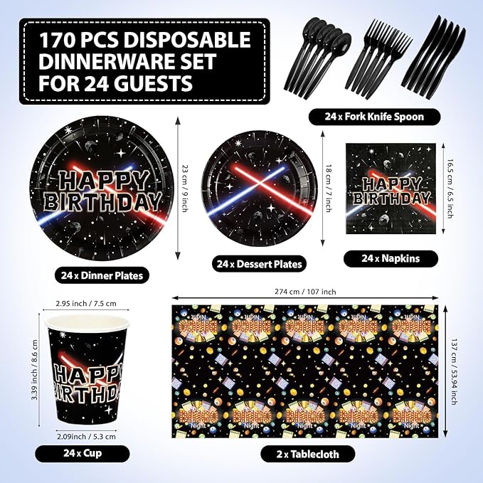170 Pcs Space Birthday Party Supplies Black Galaxy Universe Starship Plates and Napkins Cups Forks Tablecloth Space Theme Party Decorations for Men Boys Baby Shower Night Sky Galaxy Birthday Serve 24