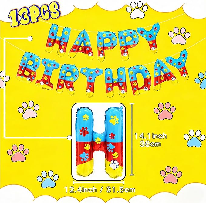 YIIHMEI Cartoon Dog Paw Print Happy Birthday Banner Party Decorations Balloons with Yellow Blue and Red Style Letters Signs Party Supplies for Kid's