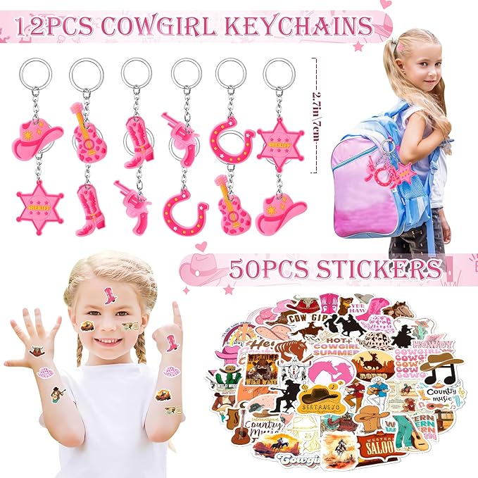 Winrayk 124Pcs Cowgirl Party Favors Hot Pink Birthday Supplies for Girls, Gift Bags Straws Silicone Wristband Mini Hat Keychain Tattoo Sticker, Hot Pink Rodeo Horse Disco Cowgirl Party Favors Supplies