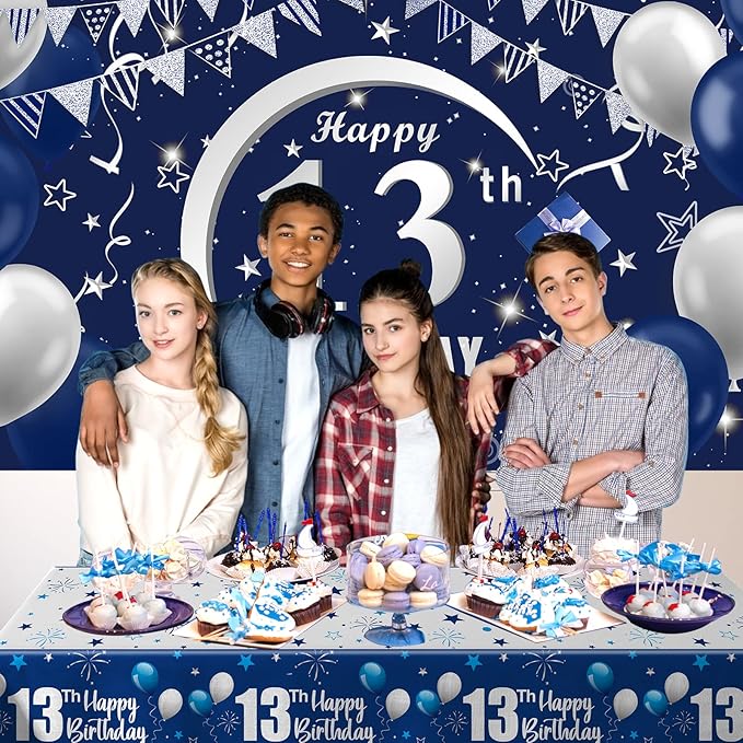 Navy Blue 13th Birthday Decorations for Boys and Girls, Happy 13th Birthday Backdrop, Tablecloth, Balloons Garland Arch Kit - 13th Birthday Banner Party Supplies Bday Decor for Sweet 13 Year Old Teen
