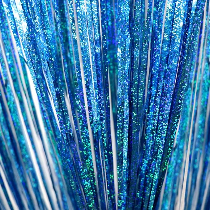 Blue Foil Fringe Curtains Iridescent Mermaid Shark Party Supplies Photo Backdrop Decor Curtains Under The Sea Backdropr Wedding Window Party Decorations Photo Booth Props(2 * 6.5 * 3.2 Ft, Lake Blue)