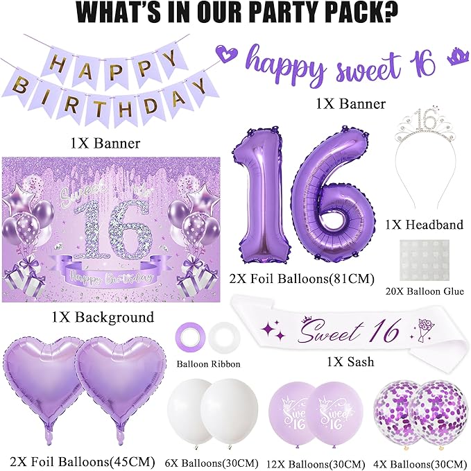 Sweet 16 Birthday Party Decorations for Girls - Purple 16th Happy Birthday Banner Heart Balloons Number 16, Photo Backdrop Crown Sash Party Supplies for Sixteen Years Old