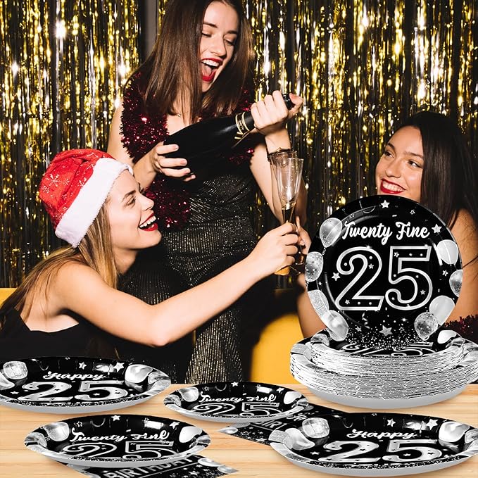 Grencian 96Pcs 25th Birthday Decorations for Men Women Black Silver 25th Birthday Party Plates Disposable Paper Tableware Set for Women Men Happy 25 Year Old Party Supplies, Serves 24