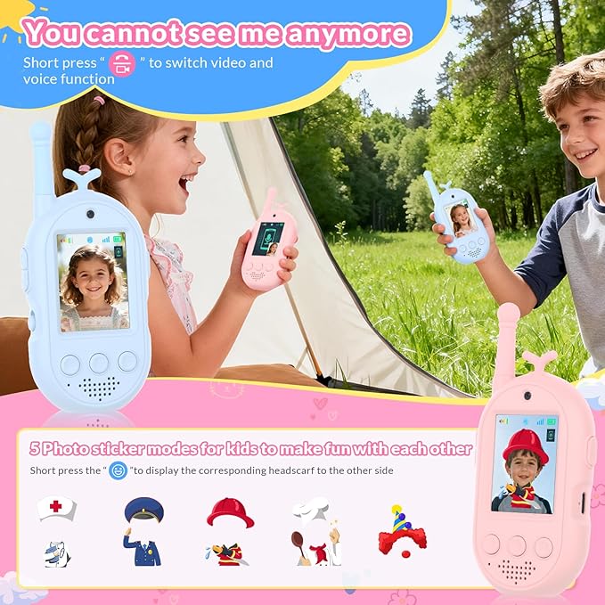 Video Walkie Talkies for Kids, 2 Pack Kids Walkie Talkies Rechargeable, Voice Changer & Sticker Effect,Long Range Toys for Family Games, Outdoor Camping, Gifts for Boys and Girls Ages 3-12