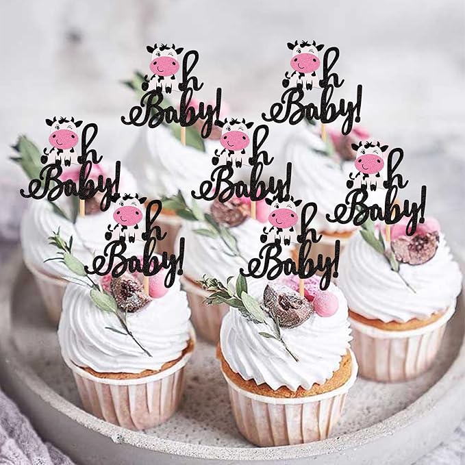 24 PCS Cow Oh Baby Cupcake Toppers Glitter Farm Animals Oh Baby Cow Cupcake Picks Gender Reveal Theme Baby Shower Kids Boys Girls Birthday Party Cake Decorations Supplies
