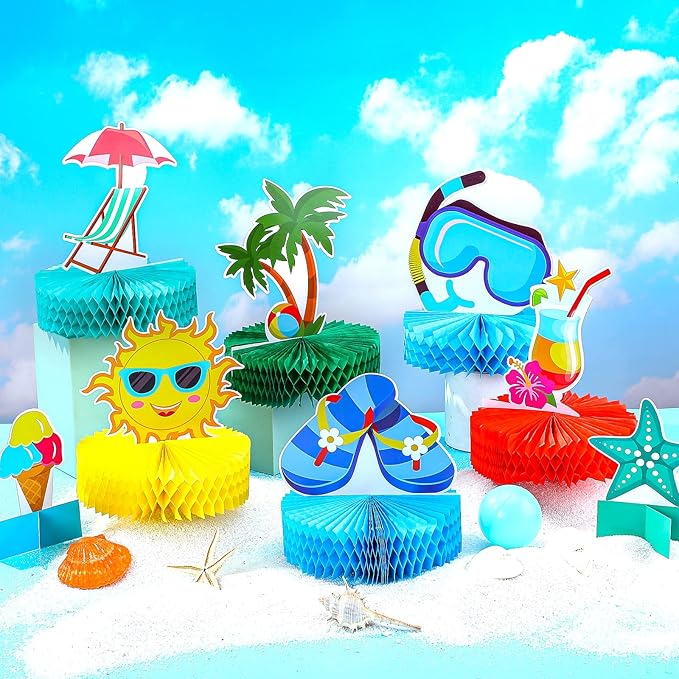Yexiya 12 Pieces Beach Honeycomb Centerpieces Pool Cake Balls Table Toppers Beach Pool Party Supplies Decorations for Birthday