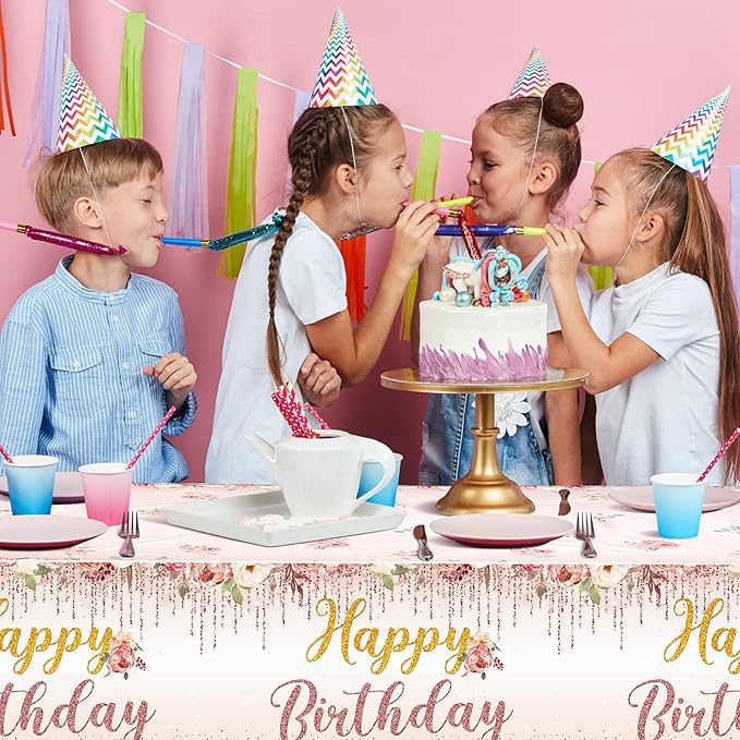 Tiamon 3 Pcs Happy Birthday Tablecloth Floral Table Cover Rose Gold Pink Disposable Plastic Decor for Girls Kids Baby Shower Party Supplies