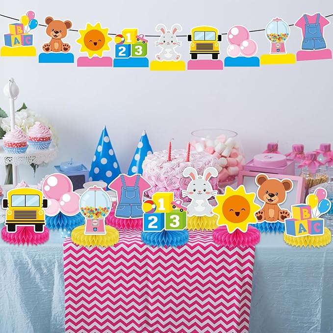 9Pcs Girls Party Decorations Cartoon Teacher Honeycomb Centerpieces Cartoon Girl Table Centerpieces Decorations English Teacher School Bus Table Topper for Kids Birthday Baby Shower Party Supplies