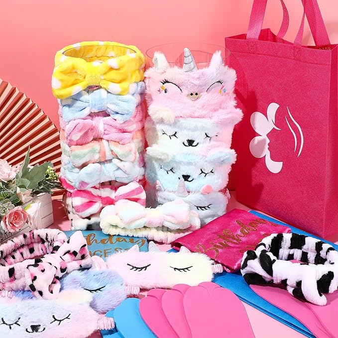 Bonuci 50 Pcs Spa Party Supplies for Girls, 10 Satin Robe 10 Kids Slippers Sleepover Birthday Spa Party Favors