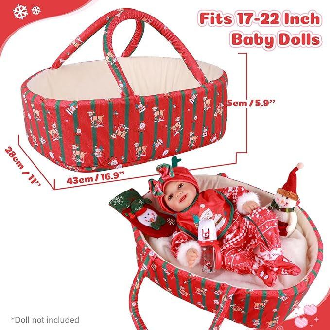 BABESIDE Reborn Baby Doll Clothes Set with Bassinet – 9 Pcs Christmas Reborn Baby Doll Accessories & Clothes with Bottle and Socks for 17-22 Inch Realistic Dolls for Girls