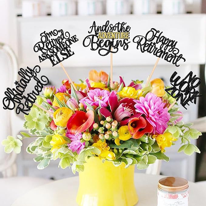 15 PCS Happy Retirement Centerpiece Sticks Officially Retired Table Flower Centerpieces Sticks No Work Zone Floral Decorations for Retirement Theme Farewell Birthday Party Centerpieces Supplies Black