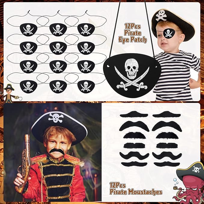 168Pcs Pirate Party Favors Supplies, Pirate Birthday Party Decorations, Pirate Gift Bags with Pirate Eye Patch Mustache Gold Coins Gems Tattoos for Kids Boys Pirate Birthday Party Goodie Bag Fillers