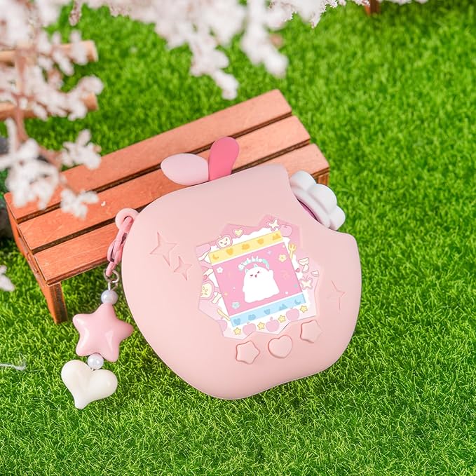 Apple Case for Tamagotchi Paradise, 4-iaradisen-1 Shockproof Silicone Protective Cover Kit with Faceplate, Flower Dial Cap & Charm, Kawaii Accessories for Girls & Adults (Pink)