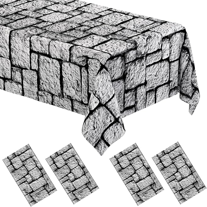 WNINK 4 Pack Stone Wall Tablecloths, Medieval Brick Stone Plastic Table Cover Decoration for Halloween Birthday Party Supplies Medieval Castle Knight Themed