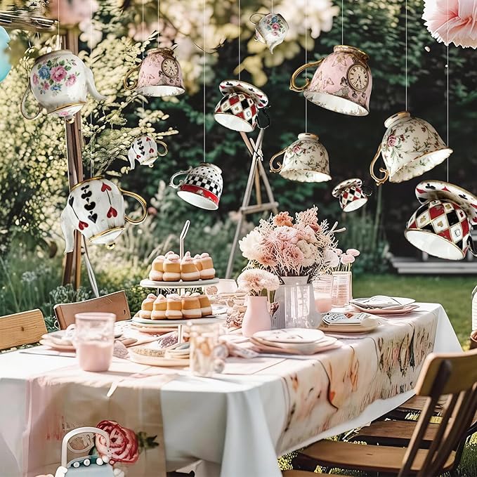 Wonderland Tea Party Decoration Teacup Hanging Banners Wonderland Teapot Themed Garland banner spring Backdrop Photo Props for Indoor Outdoor Garden Birthday Baby Shower Party Supplies