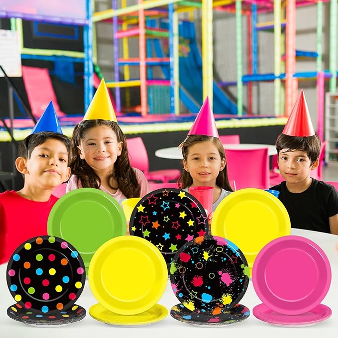 60Pcs Neon Birthday Party Plates Glow in the Dark Disposable Paper Dessert Plates for Neon Glow Birthday Decorations Party Tableware Set for Kids Back to 80S 90S Blacklight Baby Shower Supplies