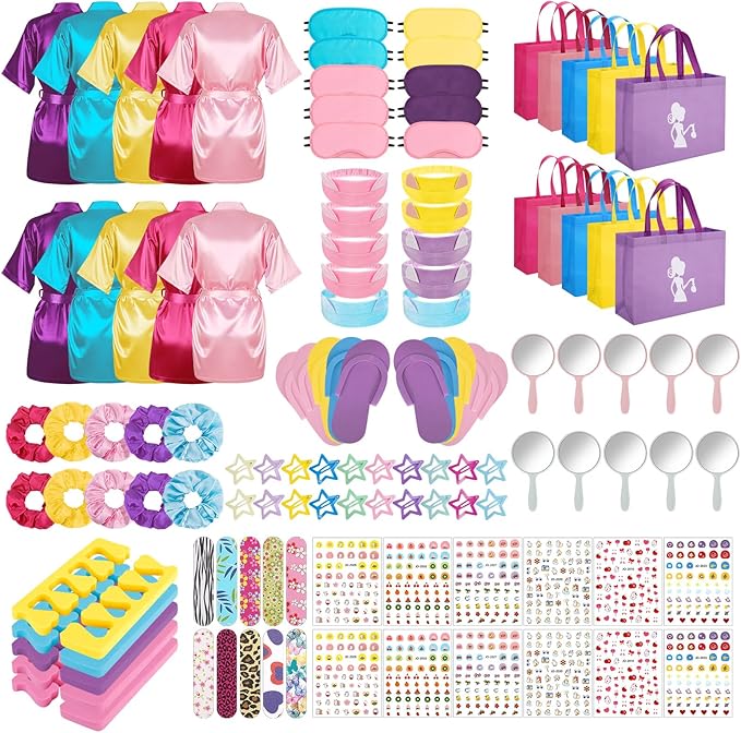 122 Pcs Multicolor Girls Spa Party Kit, 10-Pack Slumber Party Favors with Satin Robes, Tote Bags, and Nail Salon Accessories for Kids Spa Birthday, Halloween, Home Party Supplies