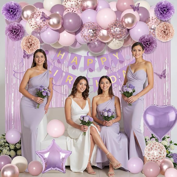 Dusty Purple Birthday Party Decorations, Lavender Pink Sand Confetti Rose Gold Balloons Happy Birthday Banner Fringe Curtains Butterfly Hanging Swirls Circle Dots Tassels Pompoms for Women Girls Party