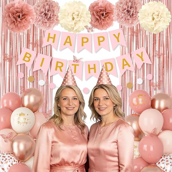 Pink Decorations for Women Girls, Dusty Pink Sand Rose Gold Metallic Printed Balloons Butterfly Stickers Fringe Curtain Happy Birthday Banner Circle Dots Garland Paper Pompoms Valentines Supplies