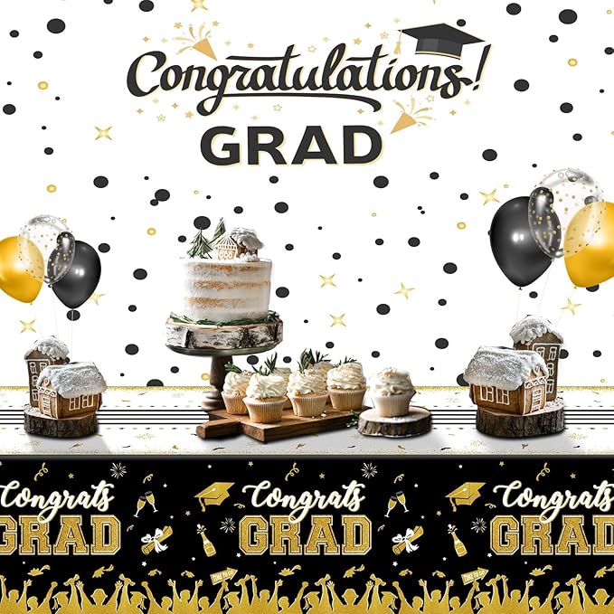 chiazllta Set of 3 Graduation Tablecloths Class of 2025 Congrats Grad Black Graduation Party Tablecover Decorations Party Supplies Large Size Plastic 54"x108"(Black & Gold)