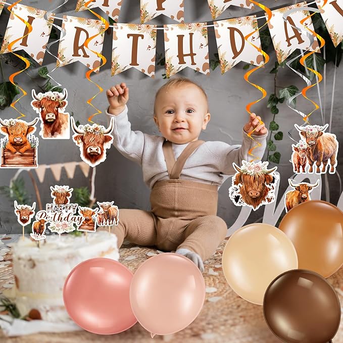 Highland Cow Birthday Party Decorations Cute Boho Cow Party Supplies with Retro Floral Birthday Banner Hanging Swirls Cattle Cake Toppers Balloons Tablecloth for Girls Boys