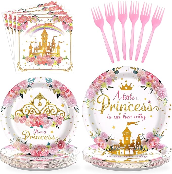 Grencian 96Pcs Princess Baby Shower Birthday Party Decorations A Little Princess is on Her Way Paper Plates and Napkins Castle Themed Birthday Tableware for Girls One Year Old Fairytale Party Supplies