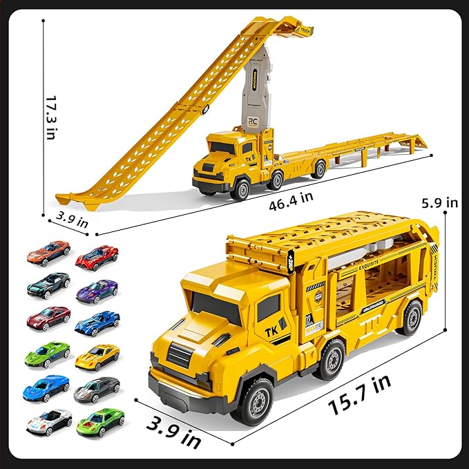 Truck Toys for Kids, Transport Vehicle with 12 Die-Cast Car, Double Race Car Track Cars Ramp Toy, Carrier Truck for Toddler 3-5, Christmas Birthday Gift for 3 4 5 6 7 8 Years Old Boys Girls