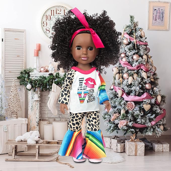 XFEYUE14.5 inch Black Doll and 2 Sets Clothes Accessories, African American Baby Girl Doll Including Glasses, Camera, Bag &Shoes for Kids Girls