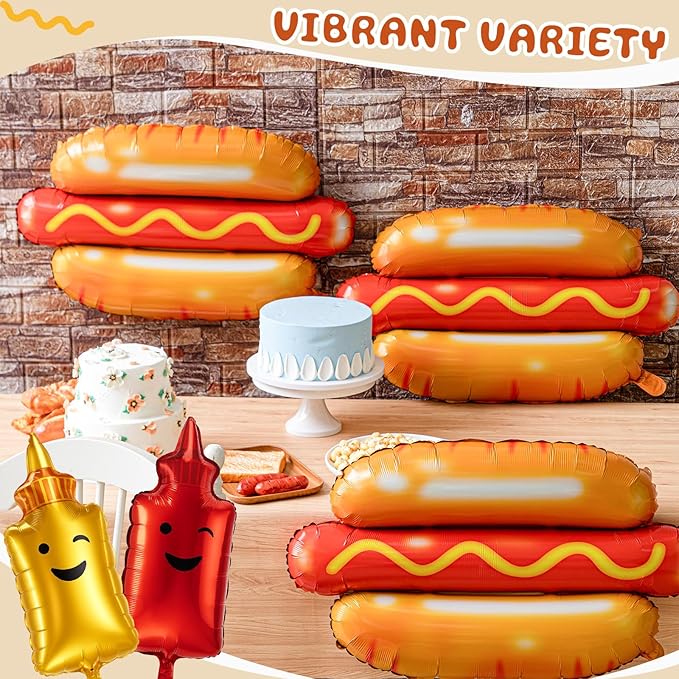 Gejoy 213 Pcs Hot Dog Party Decorations Kit - Includes 12 Pcs Hot Dog Balloons, 200 Latex Balloons & 1 Set Glitter Banner for Birthday Sausage Food Party Supplies & BBQ Celebrations