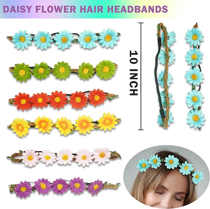30 PCS Hippie Party Favors Retro Round Sunglasses Daisy Flower Headbands Peace Sign Necklaces Silicone Bracelets For 60s 70s Party Decorations Hippie Party Supplies