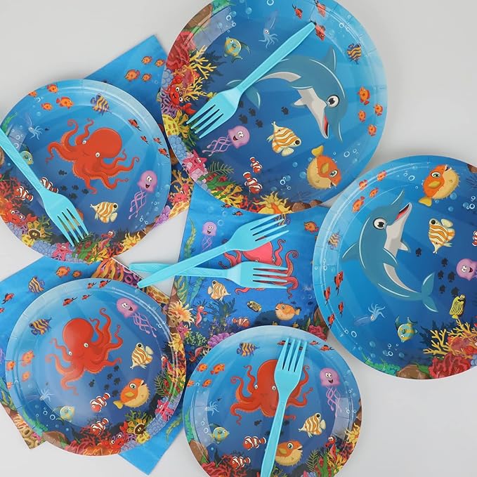 gisgfim 96 Pcs Ocean Under the Sea Plates and Napkins Party Supplies Ocean Themed Tableware Set Lunch Napkins Party Decorations Favors for Underwater Dolphin Fish Birthday Baby Shower Serves 24