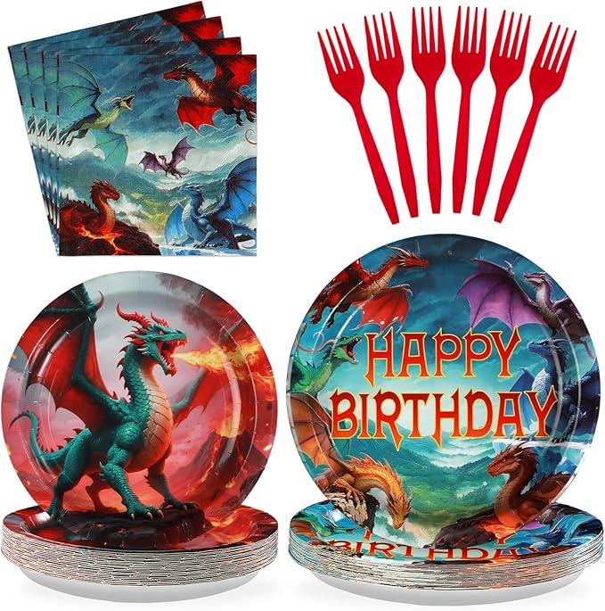 Grencian 96Pcs Dragon Birthday Party Supplies - Red Fire Dragon Party Plates and Napkins Disposable Dragons Theme Dessert Tableware Set for Kids Boys Fantasy Birthday Supplies Serves 24