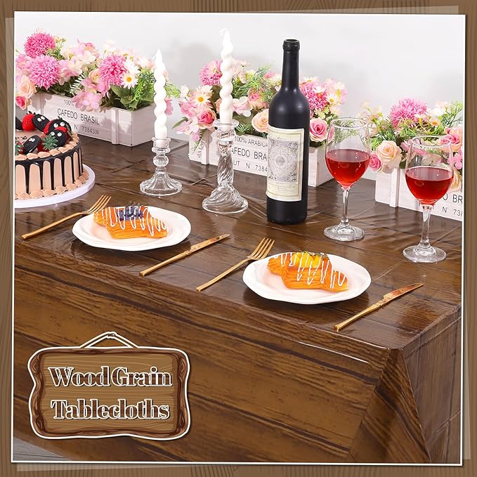6 Pack Wood Grain Plastic Tablecloth, 54 X 108Inch Rustic Wood Table Covers for Rectangle Table Disposable Vintage Farmhouse Tablecloths for Cowboy Western Barn Birthday Baby Shower Party Supplies