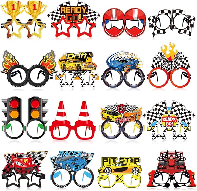 32 Pack Race Car Party Favors for Boys - Racing Paper Glasses Frames Checkered Flag Eyeglasses for Kids Birthday Party Supplies, Baby Shower Photo Booth Props, Racing Theme Goody Bag Fillers