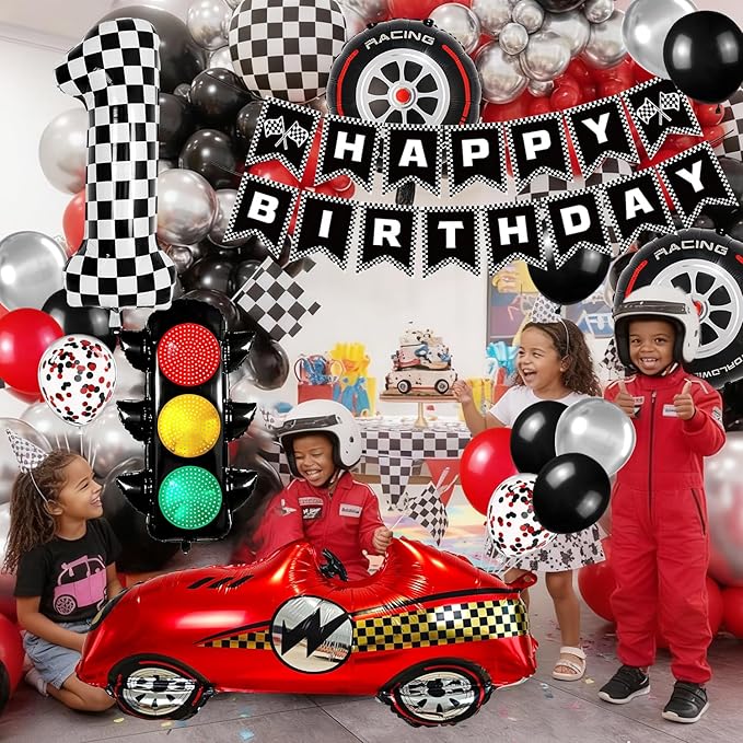Race Car Birthday Party Decorations, with 40 Inch Number 1 Balloon, Happy Birthday Banner, Traffic Light and Foil Tire Balloon for 1st Car Themed Birthday Party Supplies