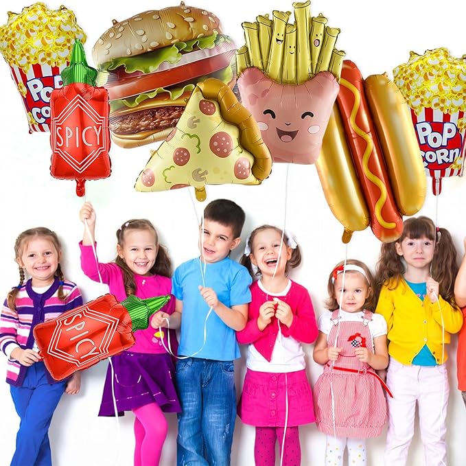 8 Pcs Food Themed Balloons Hot Dog Hamburger French Fries Popcorn Picnic Foil Balloons for BBQ Party Decorations Picnic Cookout Snacks Birthday Party Decorations Supplies