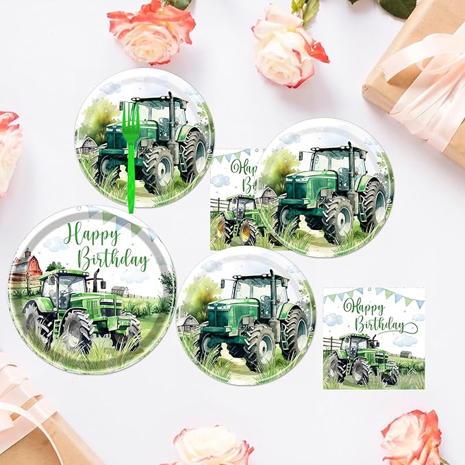 Rakuto Tractor Birthday Party Plates Napkins Tableware Set, Tractor Birthday Party Decorations Supplies for Kids, Disposable Paper Green Farm Dinnerware Party Decor Serves 24