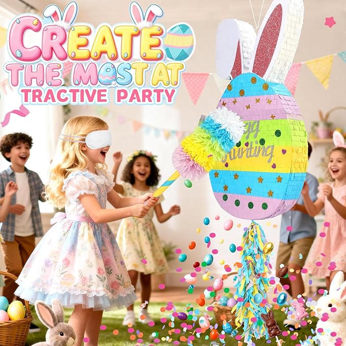25" Easter Decorations Pinata Bunny Egg Piñata with Blindfold, Bat and Filler, Funny Cute Party Favors for Cute Birthday Pinata Egg Theme Kids and Adults Party Supplies Decoration