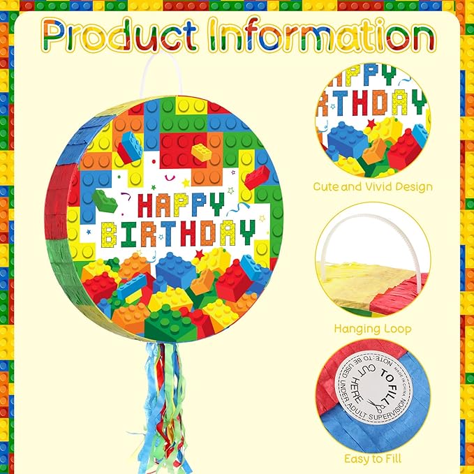 Jexine Birthday Block Piñata Set Birthday Building Piñata with Blindfold, Bat, Stick Blocks Party Supplies for Carnival Fiesta Party Supplies Event Decoration