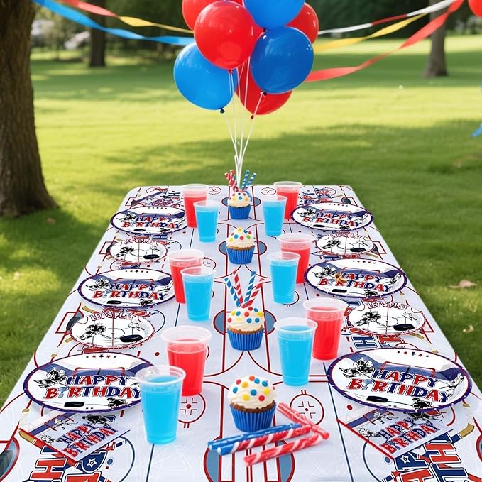 Grencian 98Pcs Hockey Party Supplies Ice Hockey Birthday Party Set Including Plates Napkins Forks and Tablecloth Disposable for Boys Kids' Birthday Hockey Fans Sports Games Themed Party Decoration