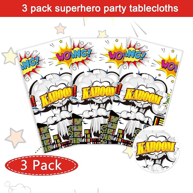3 Pieces Super Theme Hero Tablecloths Hero Themed Birthday Party Supplies Heroes Action Sign Plastic Table Cover Fun Super Tablecover for Happy Birthday Baby Shower Party Decorations