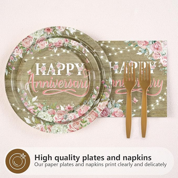 96Pcs Happy Anniversary Party Decorations Rustic Pink Floral Happy Anniversary Plates and Napkins Wooden Cheers to Marriage Decoration for 40th 50th Wedding Commemoration Day Party Supplies Serves 24